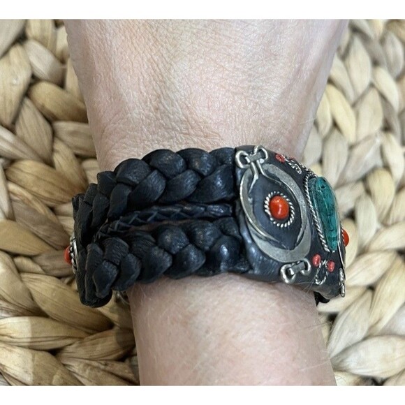 VTG Braided Leather Stainless Silver Malachite Coral Owl Bracelet Bird Lovers - Picture 2 of 9